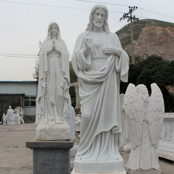 Life size sacred heart of jesus christ and mary white marble outdoor sculpture factory directly supply TCH-09