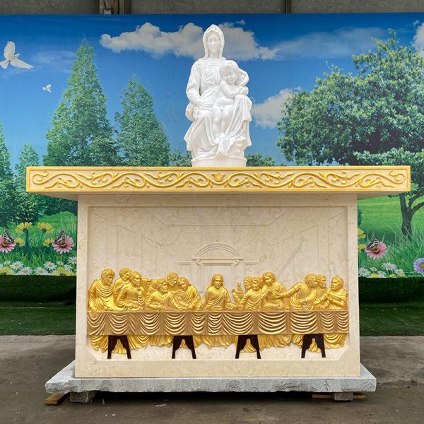 Hand-Carved Marble Church Altar with Bronze Relief and Virgin Statue